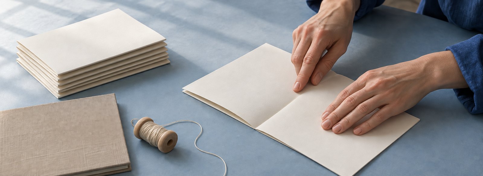 Hands folding a signature of paper on a bindery table, with thread and a stack of folded sections
